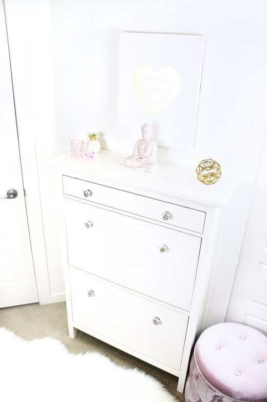 IKEA Hemnes shoe cabinet in a white, pink and gold bedroom