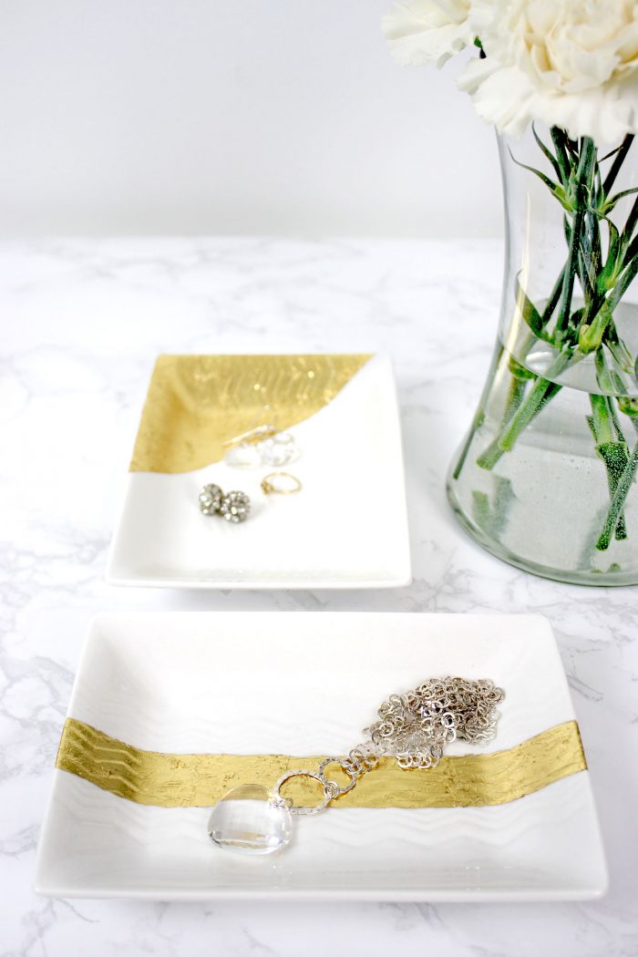Pretty homemade jewelry trays with gold leaf
