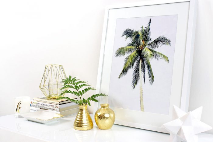 DIY Art: Creating Your Own Framed Tropical Prints - Printable Wall Art, IKEA, Frames, Prints, Printables, Inexpensive, Custom, Art, Palm Trees, Palms, Make Your Own Art, Print Your Own Art, Framing Printable Art, Gold Leaf Vases, White and Gold