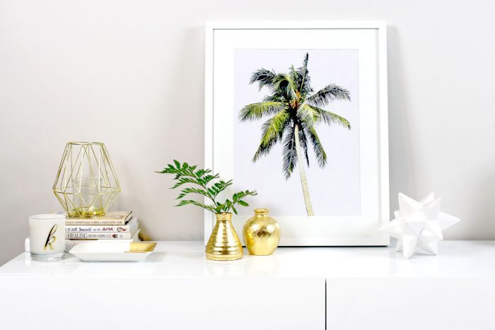 DIY Art: Creating Your Own Framed Tropical Prints - Printable Wall Art, IKEA, Frames, Prints, Printables, Inexpensive, Custom, Art, Palm Trees, Palms, Make Your Own Art, Print Your Own Art, Framing Printable Art, Gold Leaf Vases, White and Gold