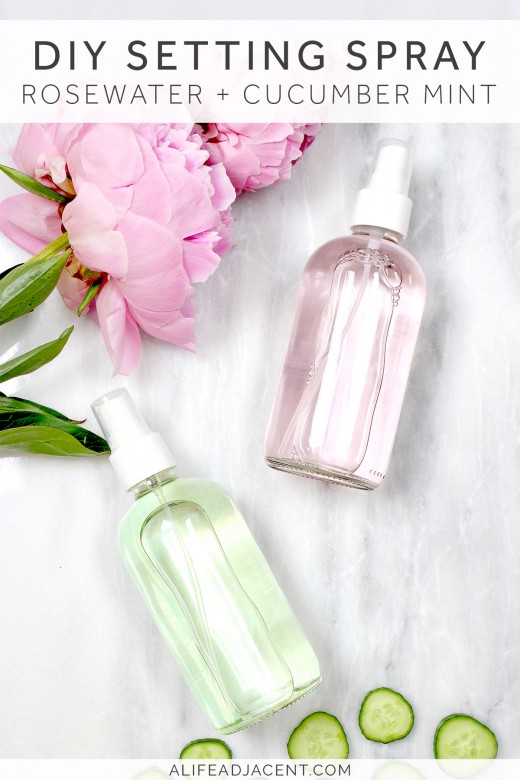 Bottles of DIY rosewater makeup setting spray