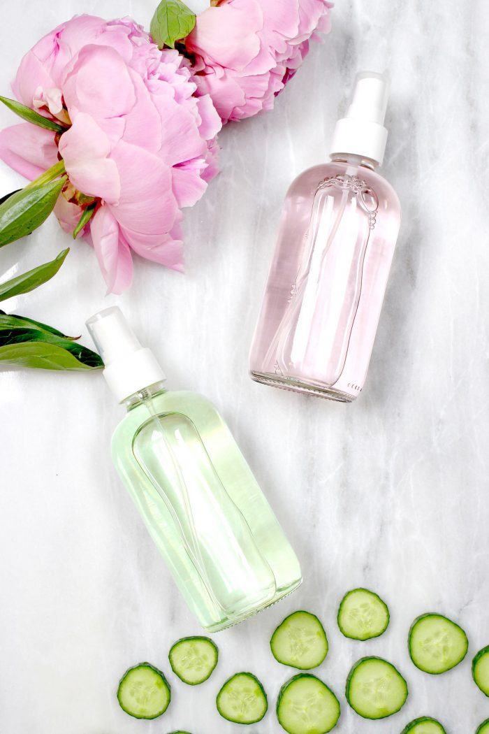 Bottles of DIY makeup setting spray with rosewater and glycerin