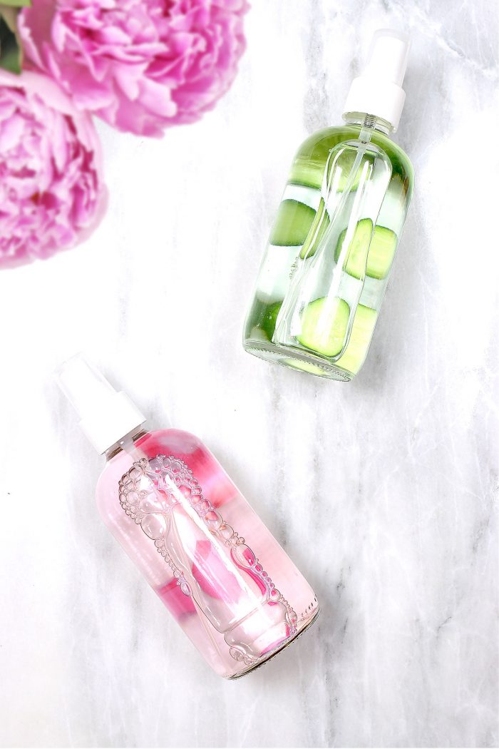 Homemade makeup setting sprays with rosewater and cucumber