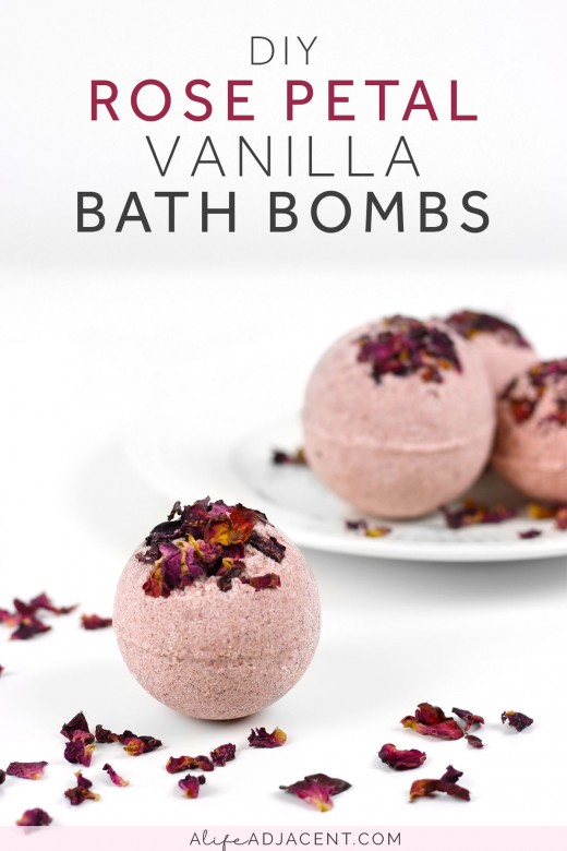 Homemade rose bath bombs with rose petals