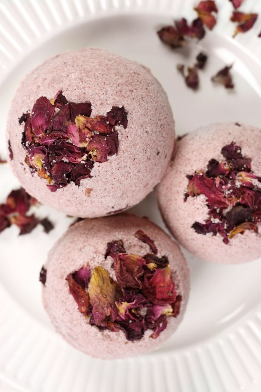 Homemade pink rose petal bath bombs