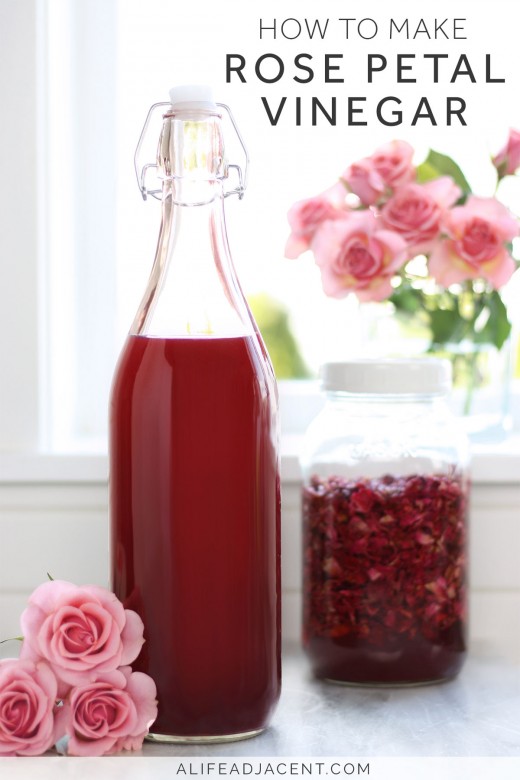 Bottle of DIY rose petal infused vinegar pictured with mason jar full of rose petals