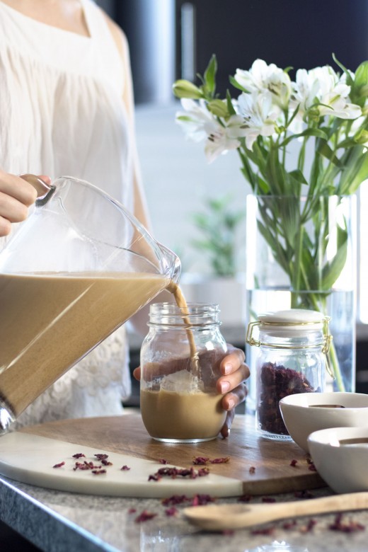 Homemade iced latte cold-brewed with maple water