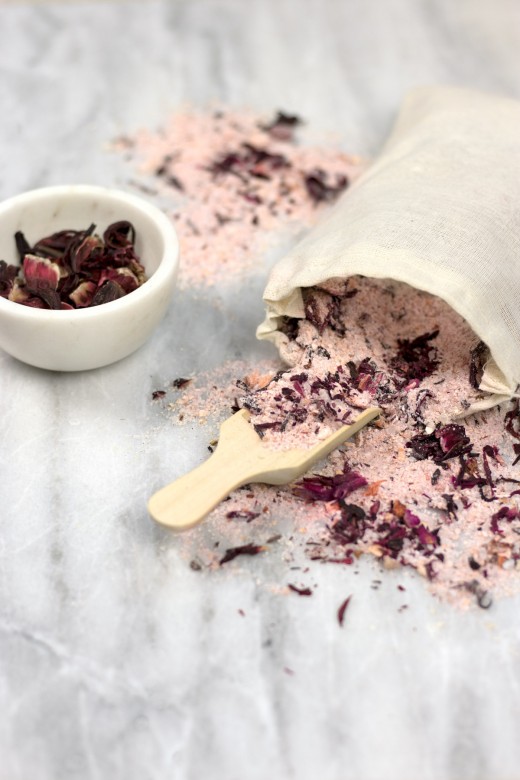 DIY tub tea with hibiscus and lemon peel