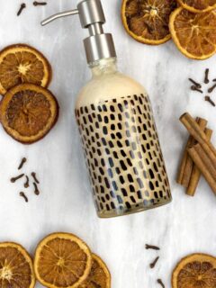 DIY liquid hand soap with cinnamon, sweet orange and clove essential oils