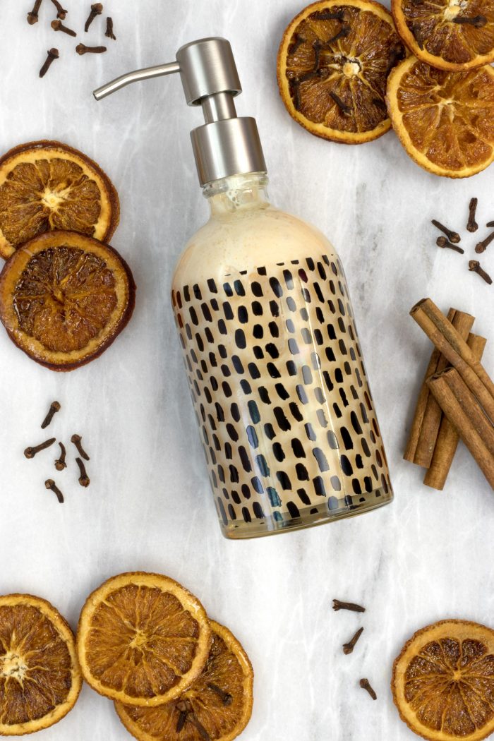 DIY liquid hand soap with cinnamon, sweet orange and clove essential oils