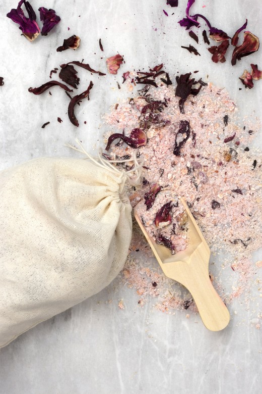 DIY bath tub tea with oatmeal, hibiscus, and lemon peel