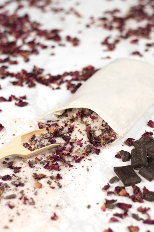 DIY chocolate rose petal tub tea in muslin bag