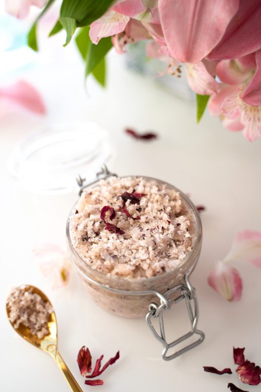 DIY hibiscus sugar scrub with pink flowers