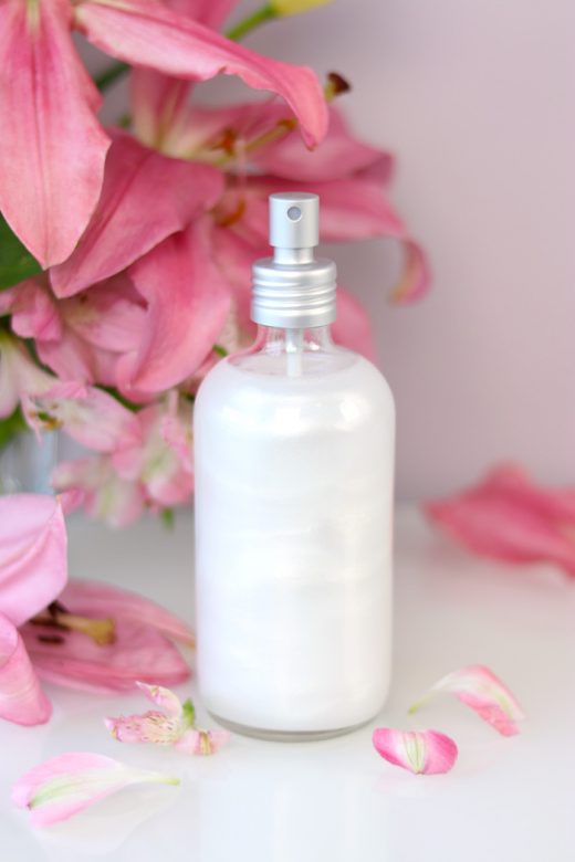 DIY shimmer setting spray with pink flowers
