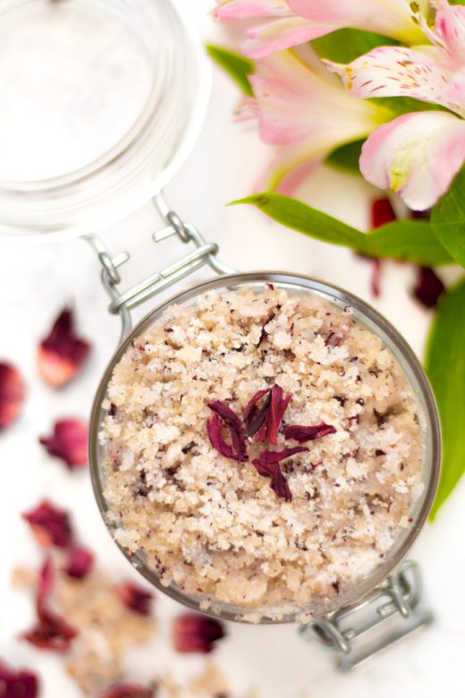 Close up of homemade hibiscus sugar scrub