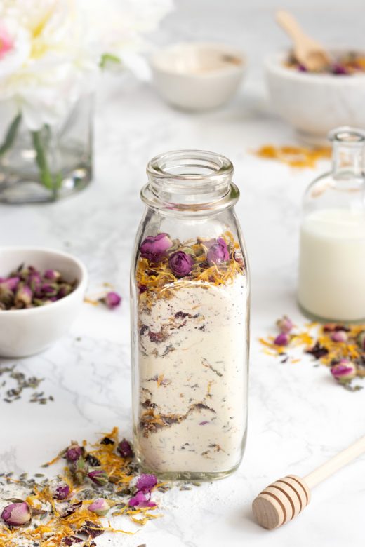Homemade floral bath soak with milk and honey