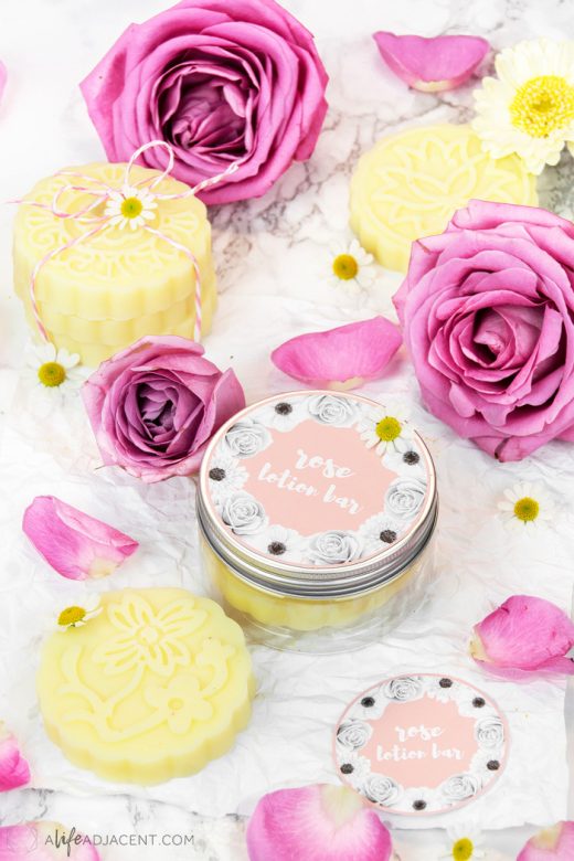 Rose lotion bars in jar with label