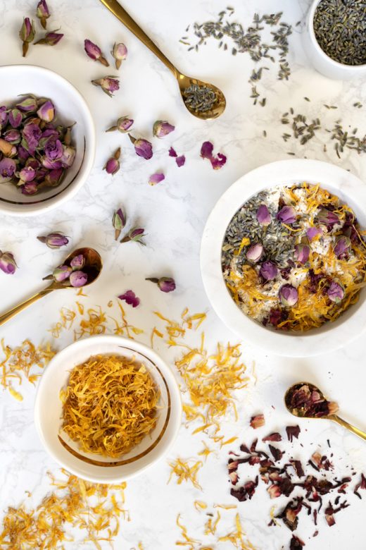 Rose buds, lavender, calendula and hibiscus for floral bath