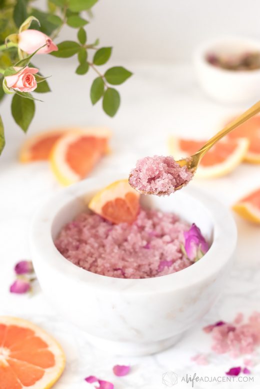 Homemade grapefruit scrub on spoon