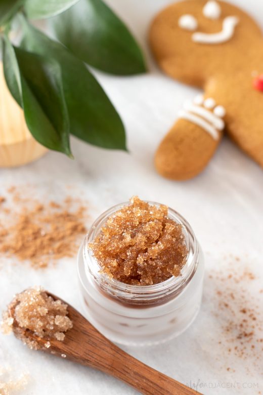 Homemade gingerbread lip scrub with cinnamon and brown sugar