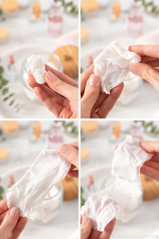 Unfolding a disposable homemade face cleansing wipe