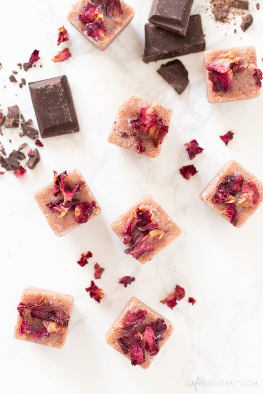 Solid sugar scrub cubes with rose petals and chocolate
