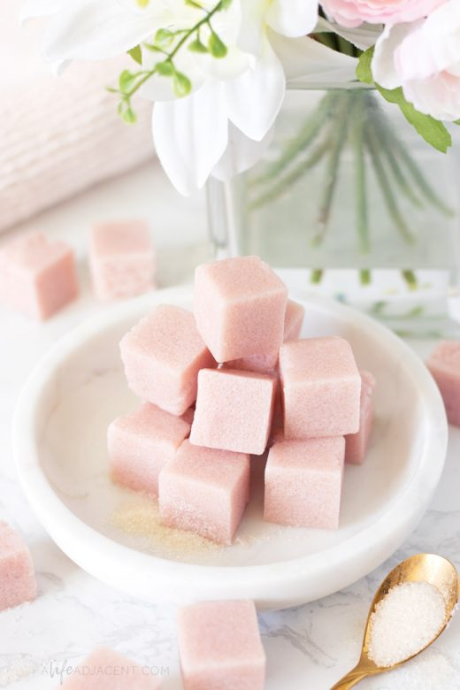 Pink sugar scrub cubes with rose essential oil