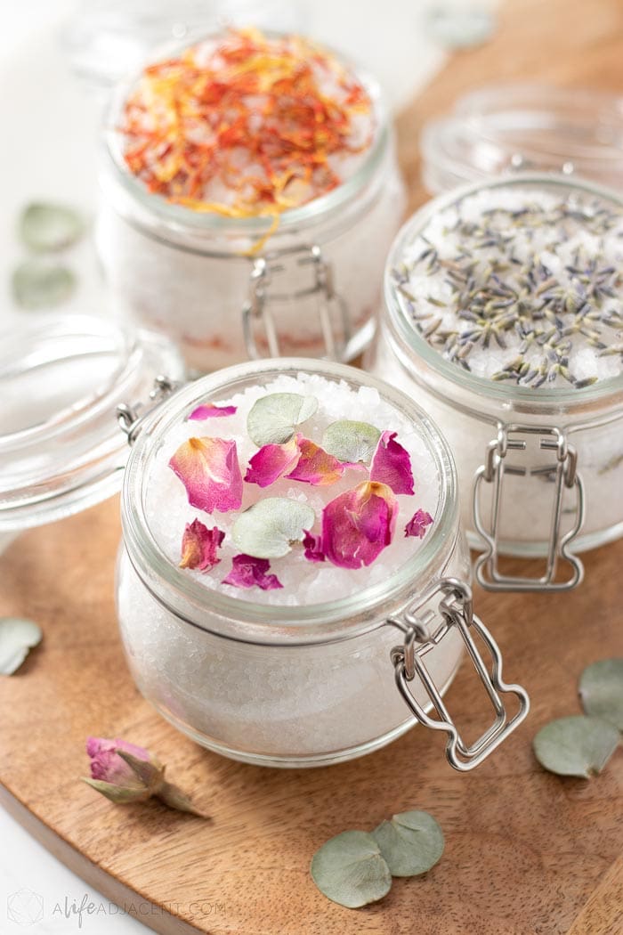 DIY floral bath salts in glass jars