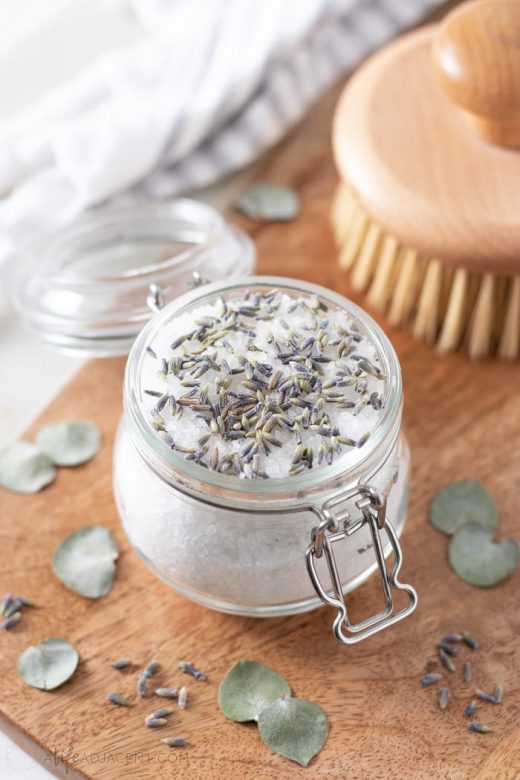 Homemade lavender bath salts in glass jar