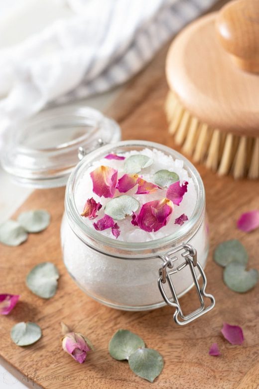 DIY rose bath salts with rose petals and eucalyptus