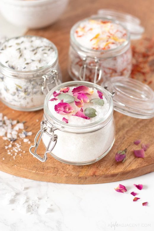 Homemade bath salts in jars for gifts