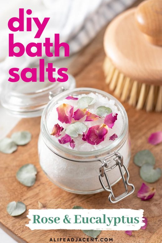 Bath salts with rose petals and eucalyptus leaves