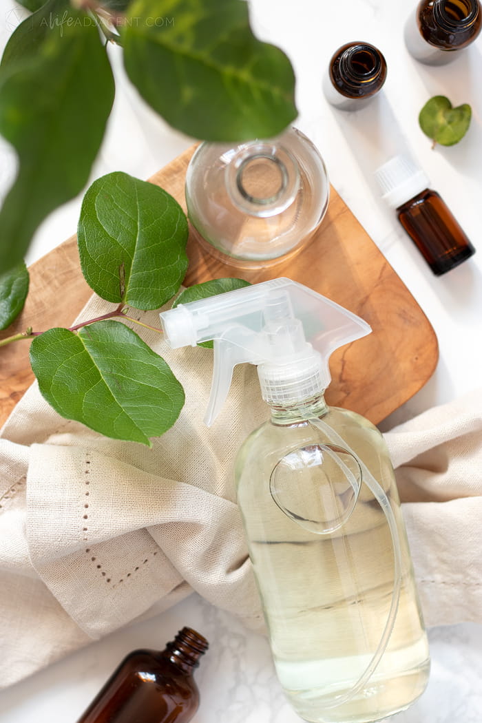 Homemade disinfecting spray with vodka and essential oils