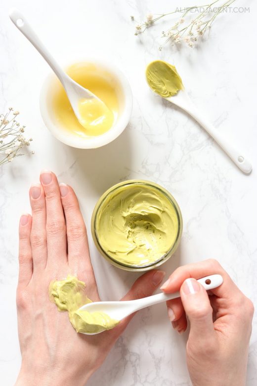 Moisturizing homemade hand mask being applied to skin