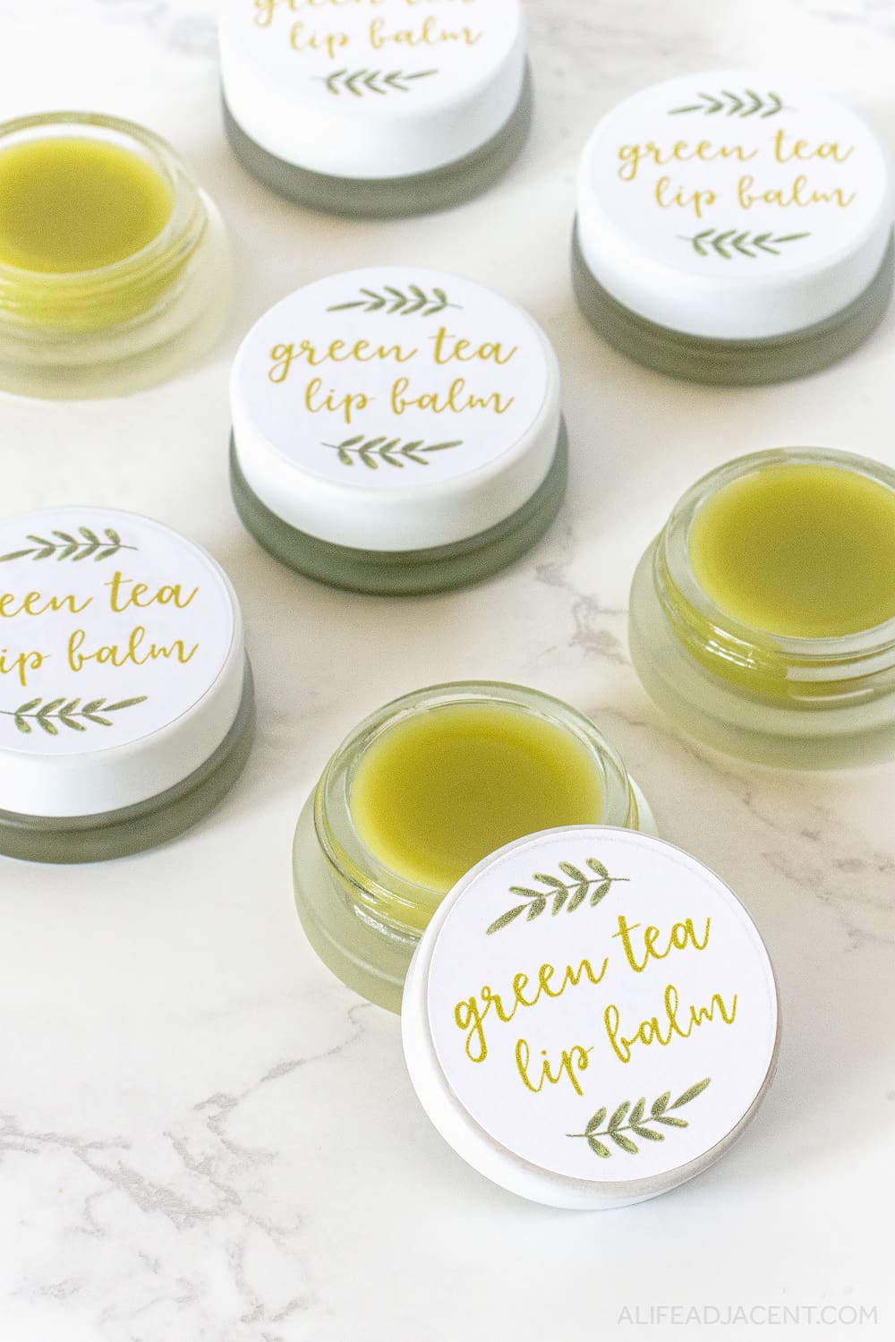 Homemade green tea lip balm with printable labels