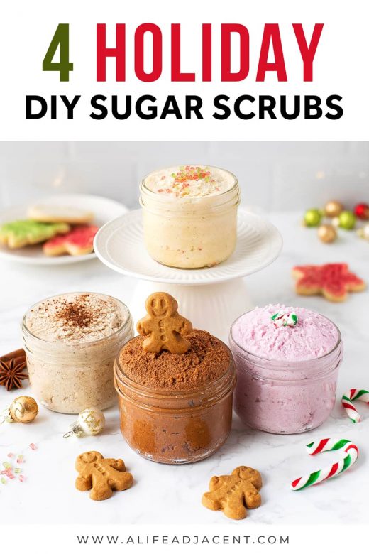 Homemade holiday body scrubs. Pictured: Christmas cookie sugar scrub, gingerbread scrub, candy cane scrub and eggnog scrub
