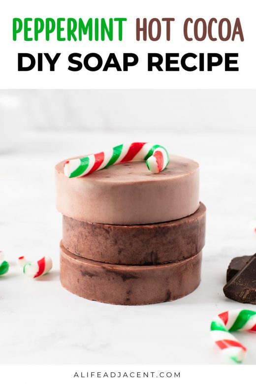 Peppermint hot cocoa soaps with text overlay: "Peppermint Hot Cocoa DIY Soap Recipe"
