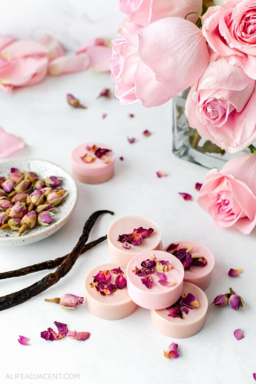DIY rose vanilla soap with rose petals and vanilla beans.