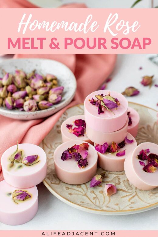 Homemade Rose Melt and Pour Soap stacked on decorative plate