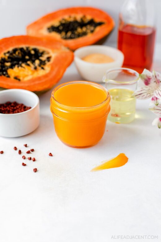 Ingredients for papaya DIY exfoliating cleansing balm.