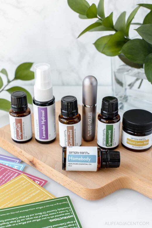 Contents of Simply Earth monthly essential oil subscription box.