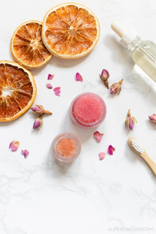 Homemade lip scrubs with essential oils of rose and sweet orange.