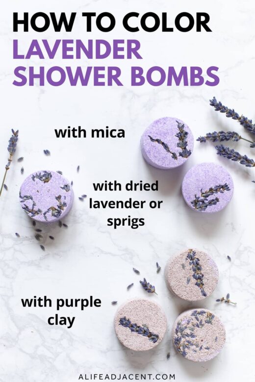 How to color shower steamers – lavender shower bombs with lavender, purple mica and purple clay.