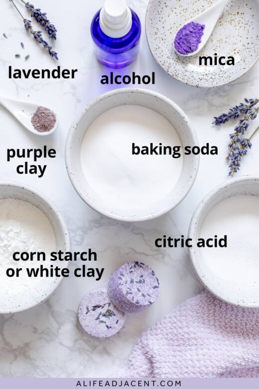 Lavender shower steamers recipe: lavender, essential oils, baking soda, citric acid, corn starch or kaolin clay, mica, purple clay, alcohol.