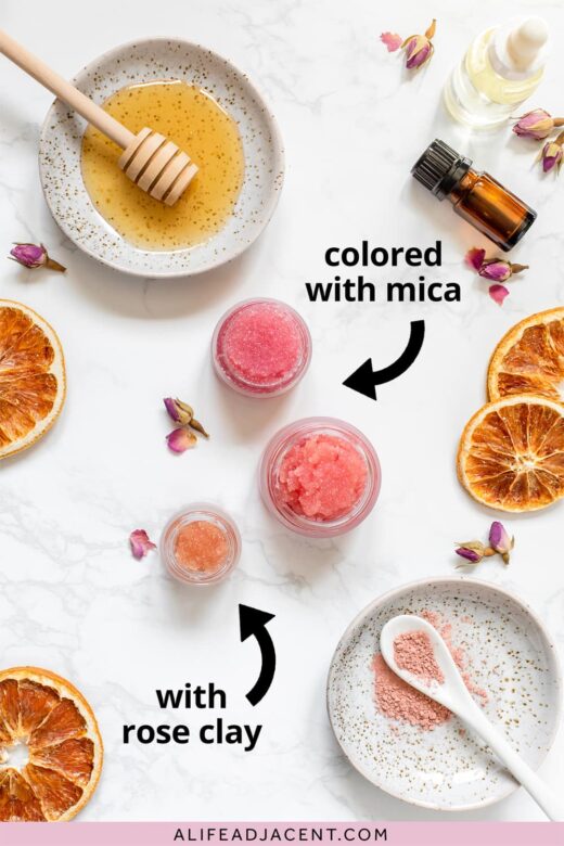 Coloring for pink DIY lip scrub: rose clay and rose mica for natural pink tint.