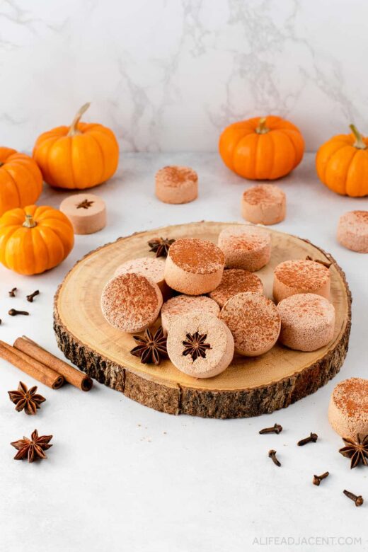 Shower bombs with pumpkin spice essential oil blend.