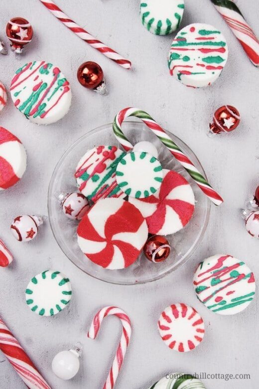 Candy cane bath bombs for DIY holiday gifts.