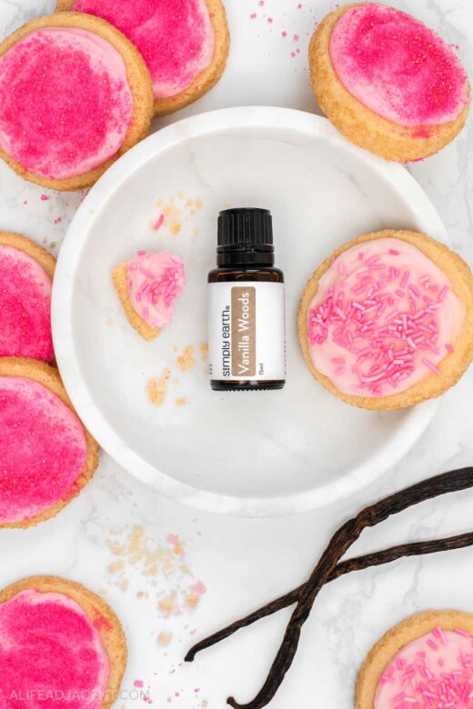 Simply Earth Vanilla Woods essential oil blend with sugar cookies.