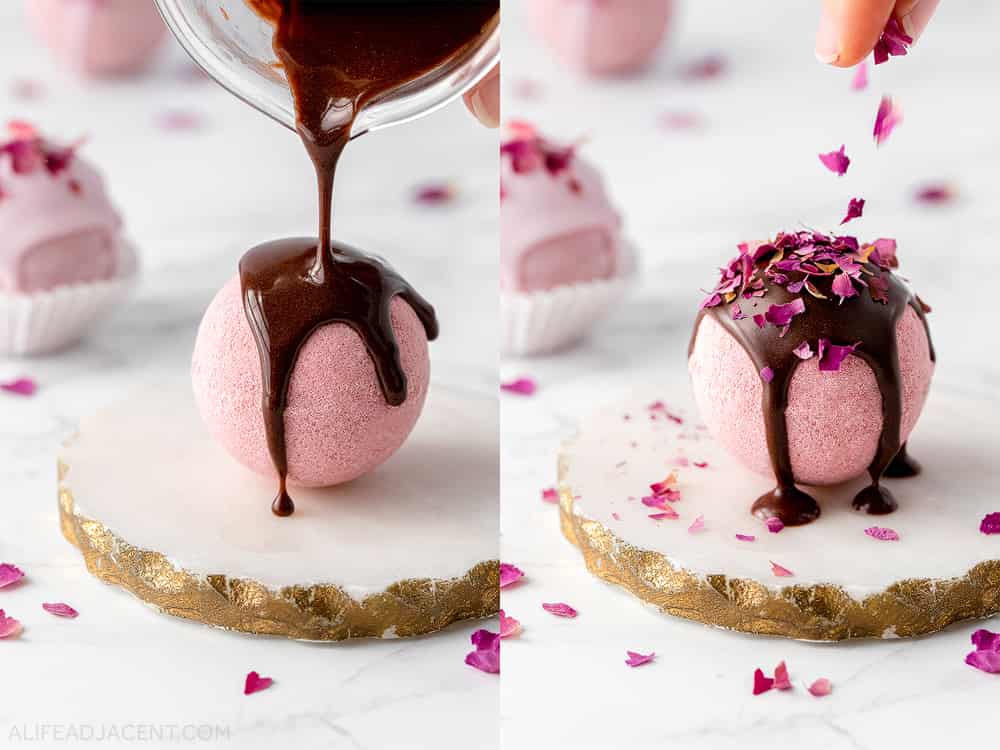 Decorating chocolate rose bath truffle with cocoa butter and rose petals