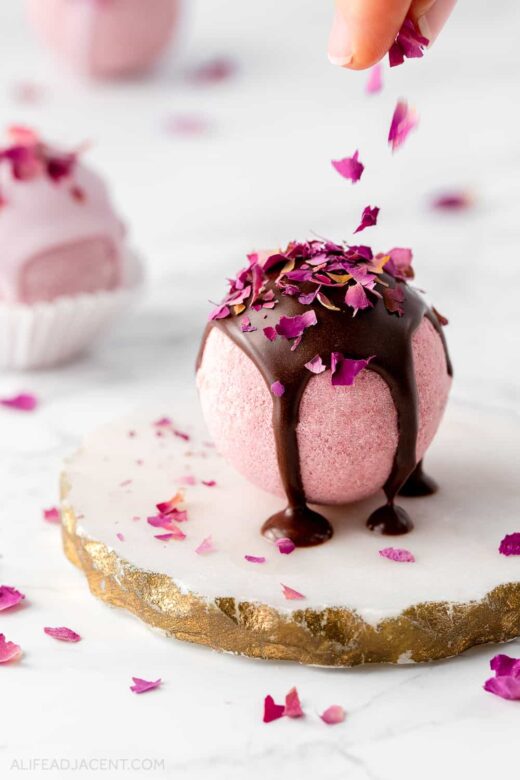 Rose bath truffle with rose petals and chocolate